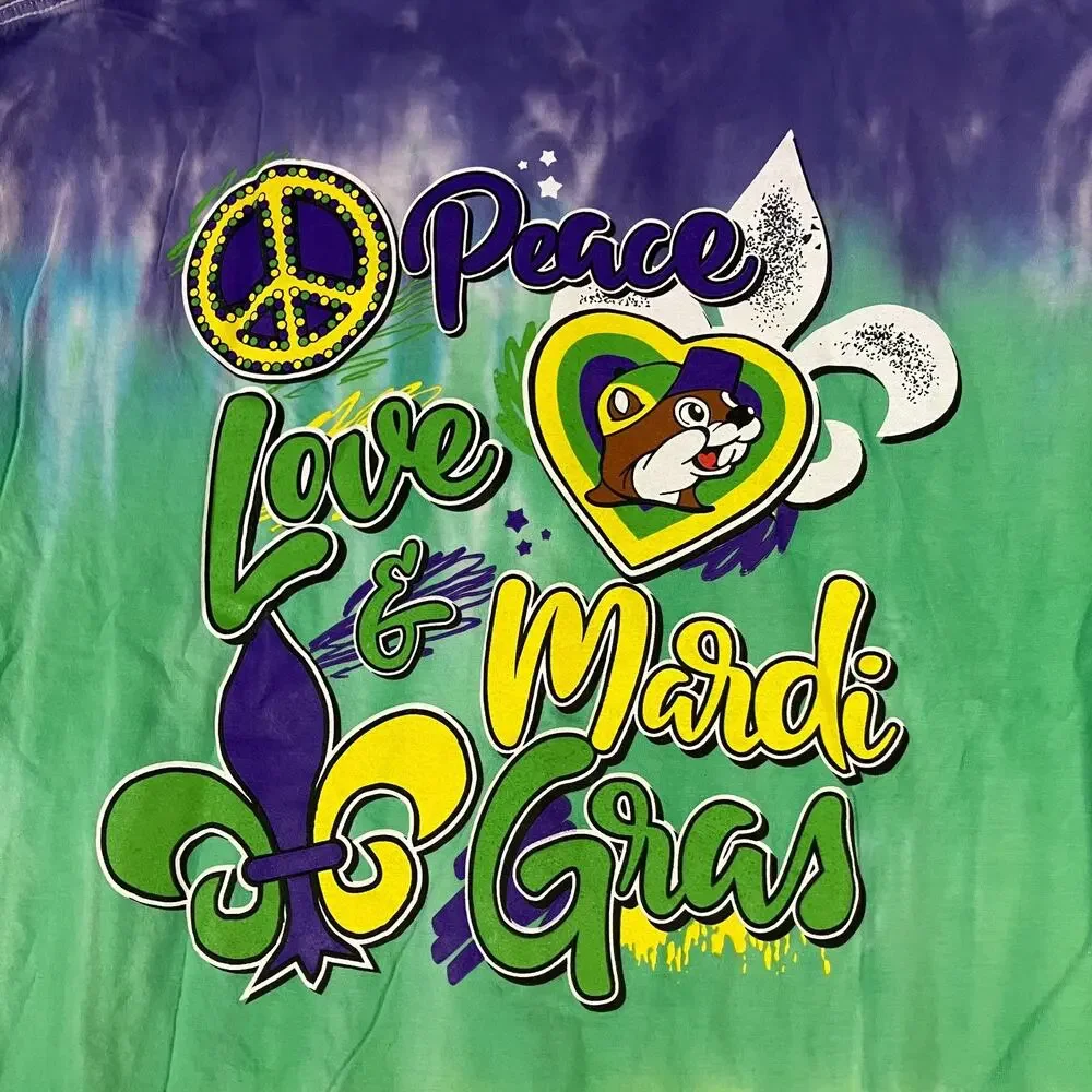 Buc-ee’s T-Shirt‎ Mens 3XL Tie-Dye Mardi Gras Peace Love Beaver Graphic Tee